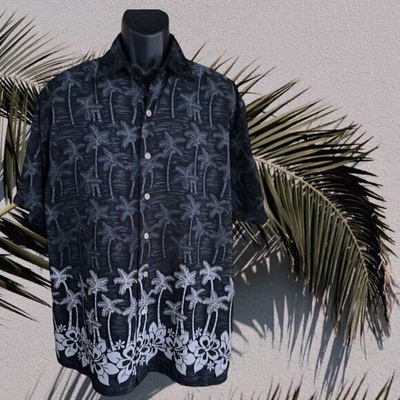 Island Tropics l Mens Short-Sleeve Shirt l Dark Gray w/ White Palmtrees l Pocket - Picture 8 of 8